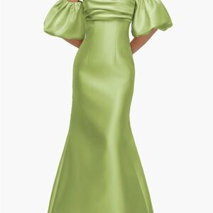 ALFRED SUNG Lime Green Satin Puff-Sleeve Mermaid Gown